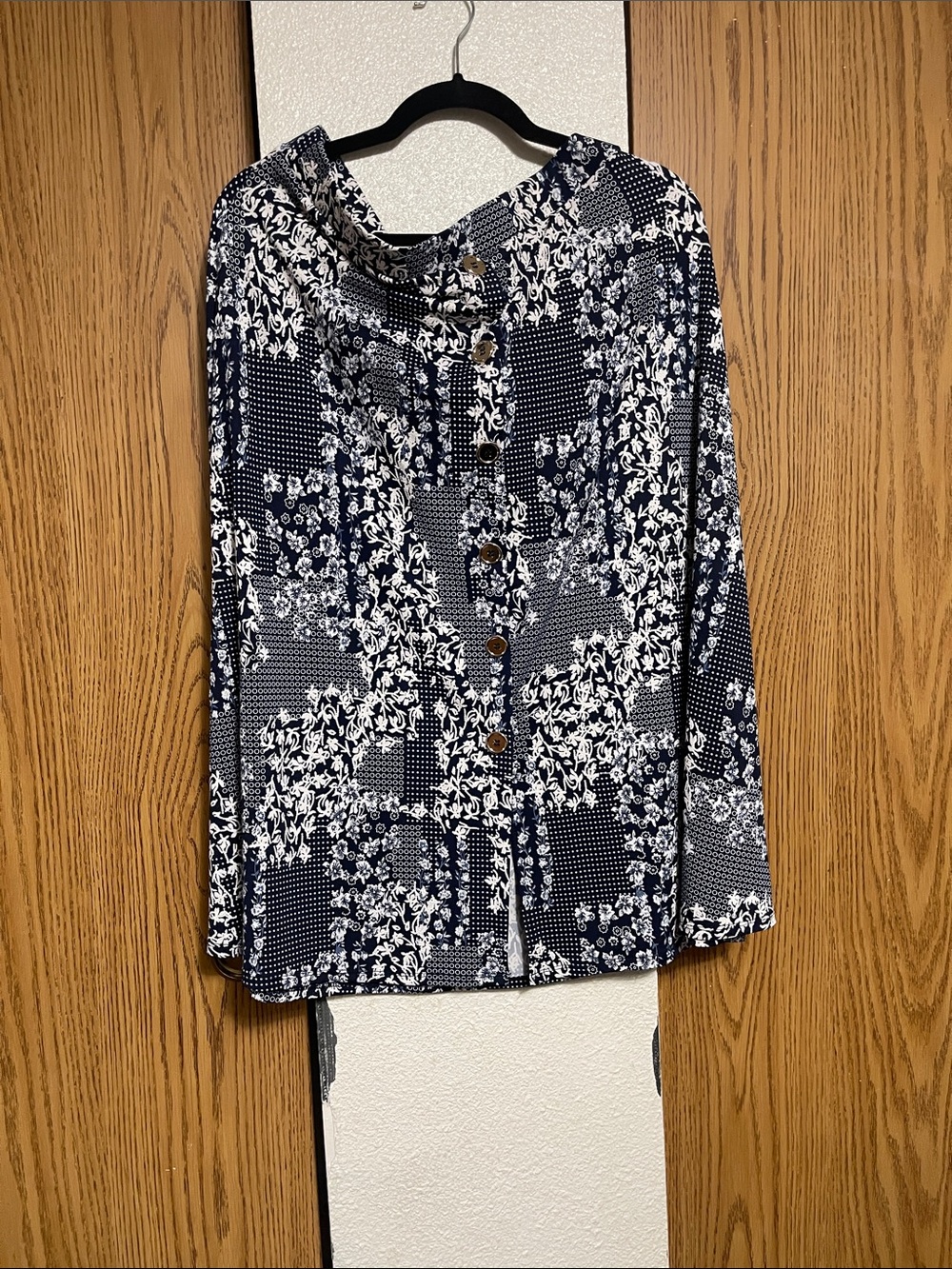 Navy & White Floral Patchwork Midi Skirt with Button-Front #4